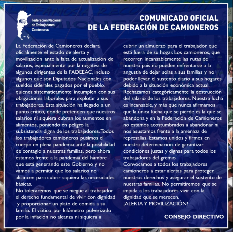 Comunicado Oficial de la Federación Nacional de Trabajadores Camioneros