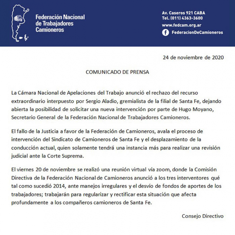 Comunicado de prensa de la Federación de Trabajadores Camioneros