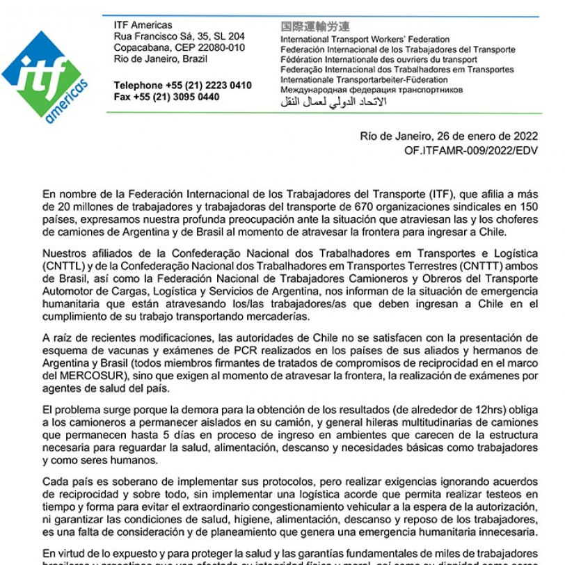 Comunicado ITF sobre los Trabajadores Camioneros varados en Chile