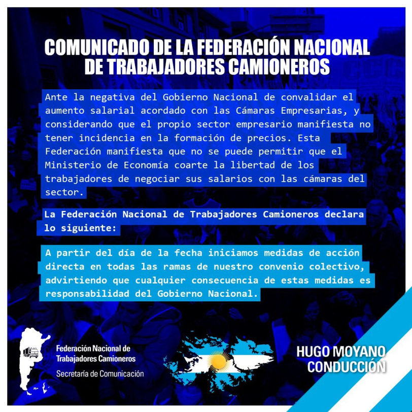 Comunicado de la Federación Nacional de Trabajadores Camioneros