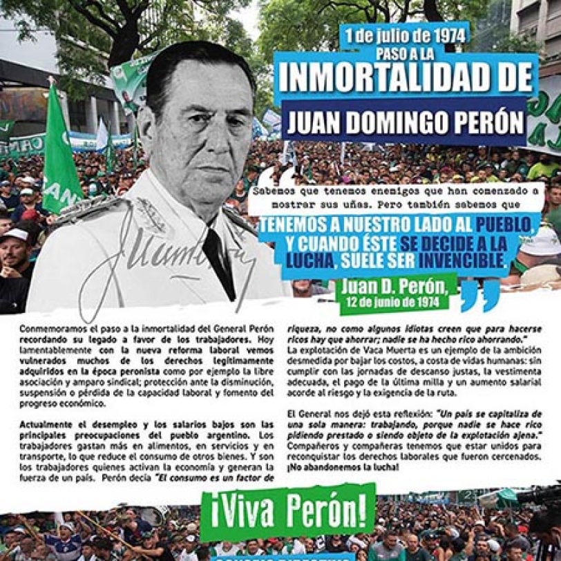 1 de julio  Paso a la Inmortalidad de Juan Domingo Per&oacute;n